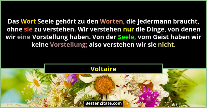 Das Wort Seele gehört zu den Worten, die jedermann braucht, ohne sie zu verstehen. Wir verstehen nur die Dinge, von denen wir eine Vorstell... - Voltaire