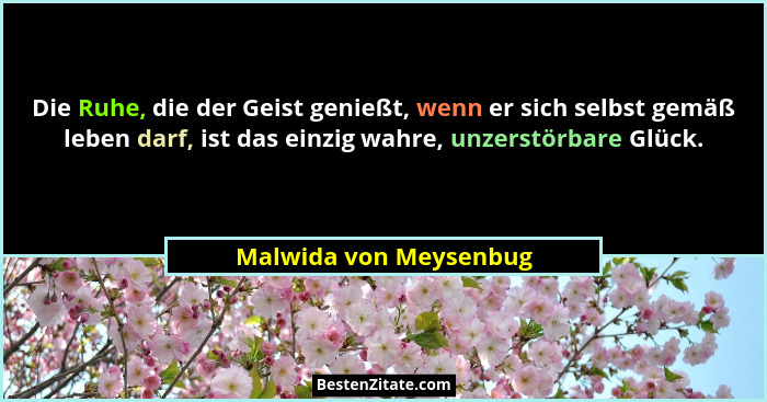 Die Ruhe, die der Geist genießt, wenn er sich selbst gemäß leben darf, ist das einzig wahre, unzerstörbare Glück.... - Malwida von Meysenbug