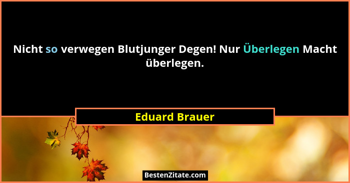 Nicht so verwegen Blutjunger Degen! Nur Überlegen Macht überlegen.... - Eduard Brauer