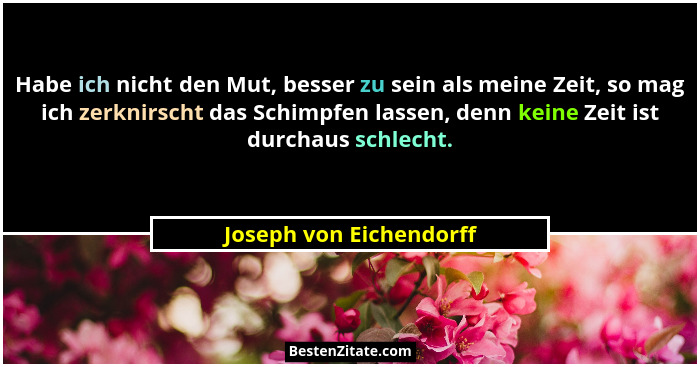 Habe ich nicht den Mut, besser zu sein als meine Zeit, so mag ich zerknirscht das Schimpfen lassen, denn keine Zeit ist durch... - Joseph von Eichendorff